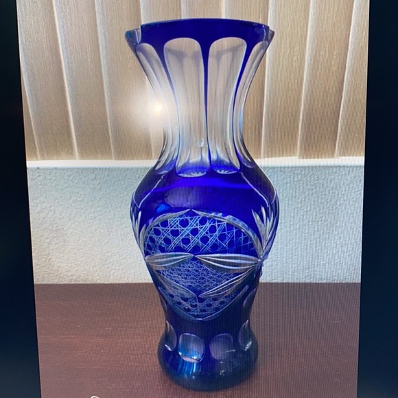 Bohemian Cobalt Blue Cut to Clear Vase, 11 1/2” high. Mother’s Day, Crystal - Picture 2 of 10